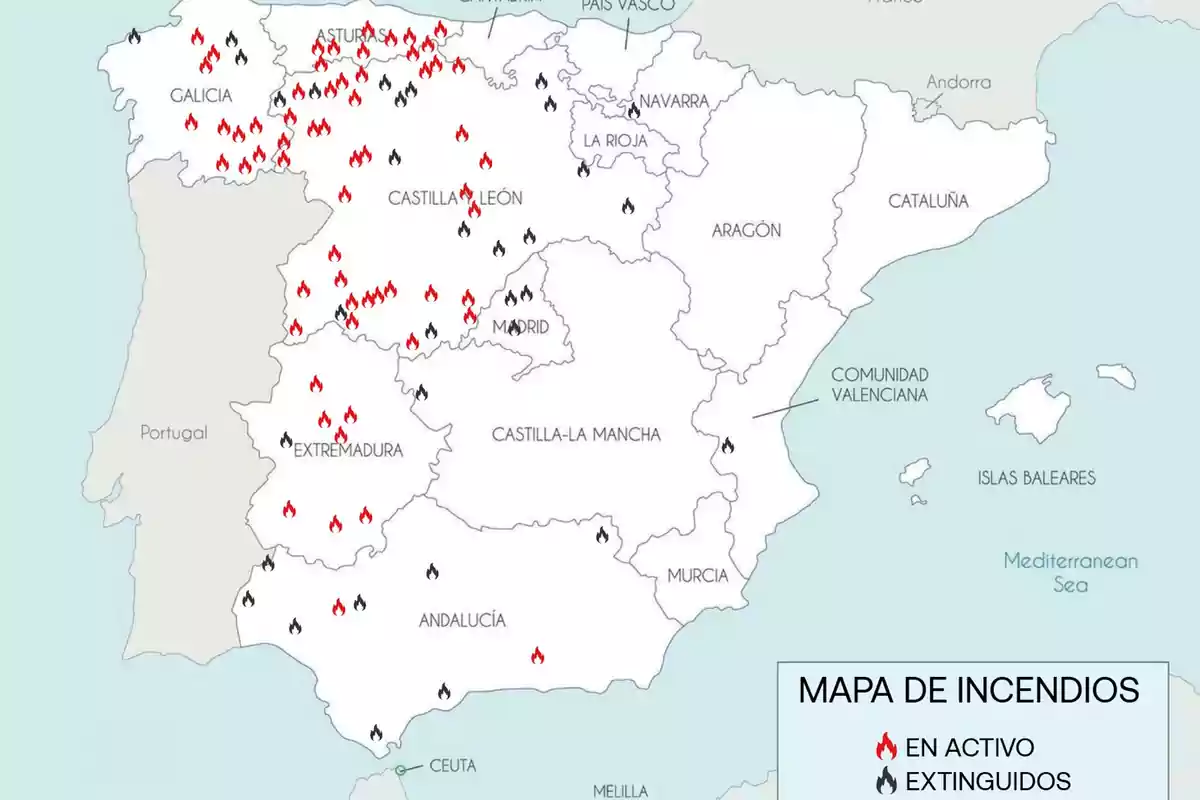 Mapa de España que muestra la localización de incendios activos y extinguidos en diferentes regiones del país Mapa de España que muestra la localización de incendios activos y extinguidos en diferentes regiones del país