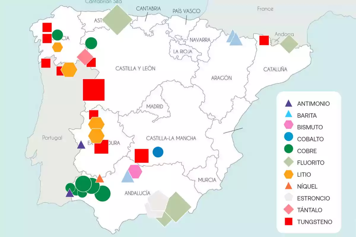 Mapa de España que muestra la localización de diferentes yacimientos minerales representados con figuras y colores distintos según el tipo de mineral como antimonio, barita, bismuto, cobalto, cobre, fluorito, litio, níquel, estroncio, tántalo y tungsteno Mapa de España que muestra la localización de diferentes yacimientos minerales representados con figuras y colores distintos según el tipo de mineral como antimonio, barita, bismuto, cobalto, cobre, fluorito, litio, níquel, estroncio, tántalo y tungsteno