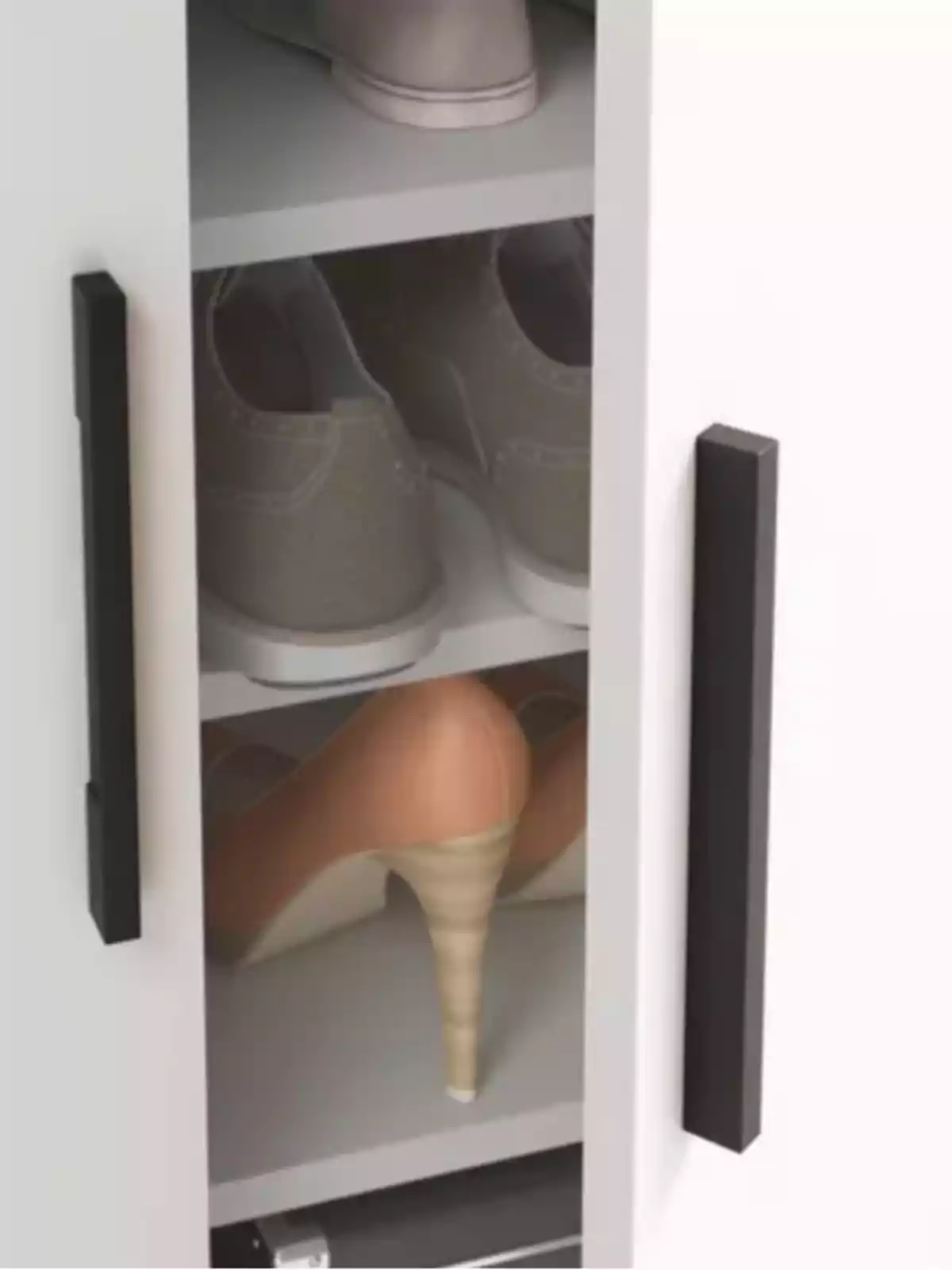 Zapatero blanco con puertas abiertas mostrando varios pares de zapatos en su interior Zapatero blanco con puertas abiertas mostrando varios pares de zapatos en su interior