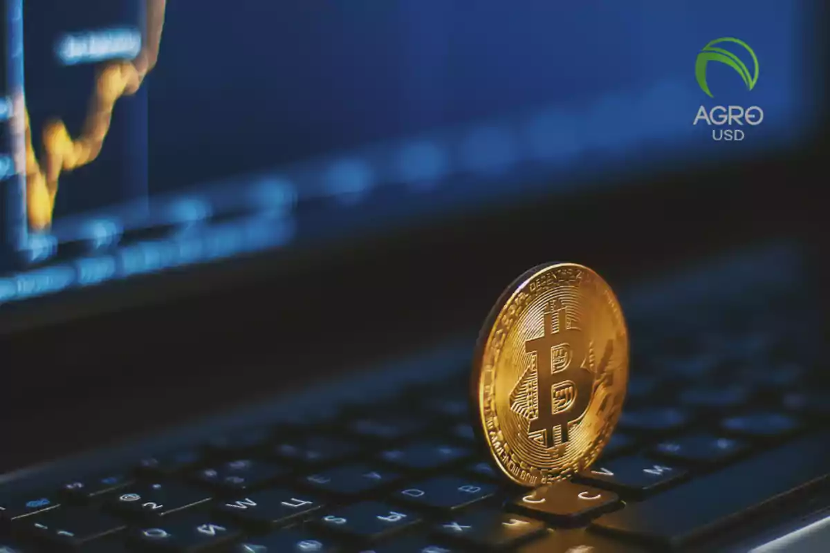 Moneda de bitcoin sobre un teclado de computadora con una gráfica financiera y el logo de Agro USD en el fondo