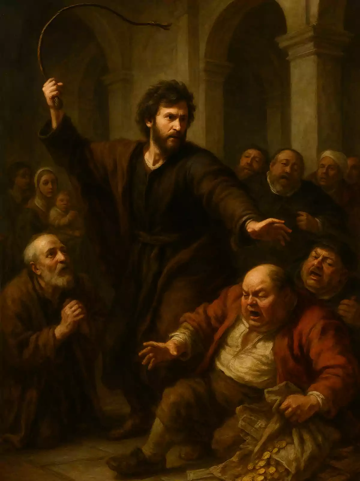 Un hombre con expresión decidida sostiene un látigo mientras ahuyenta a varias personas asustadas en el interior de un edificio antiguo, una bolsa de monedas cae al suelo frente a un hombre sorprendido.