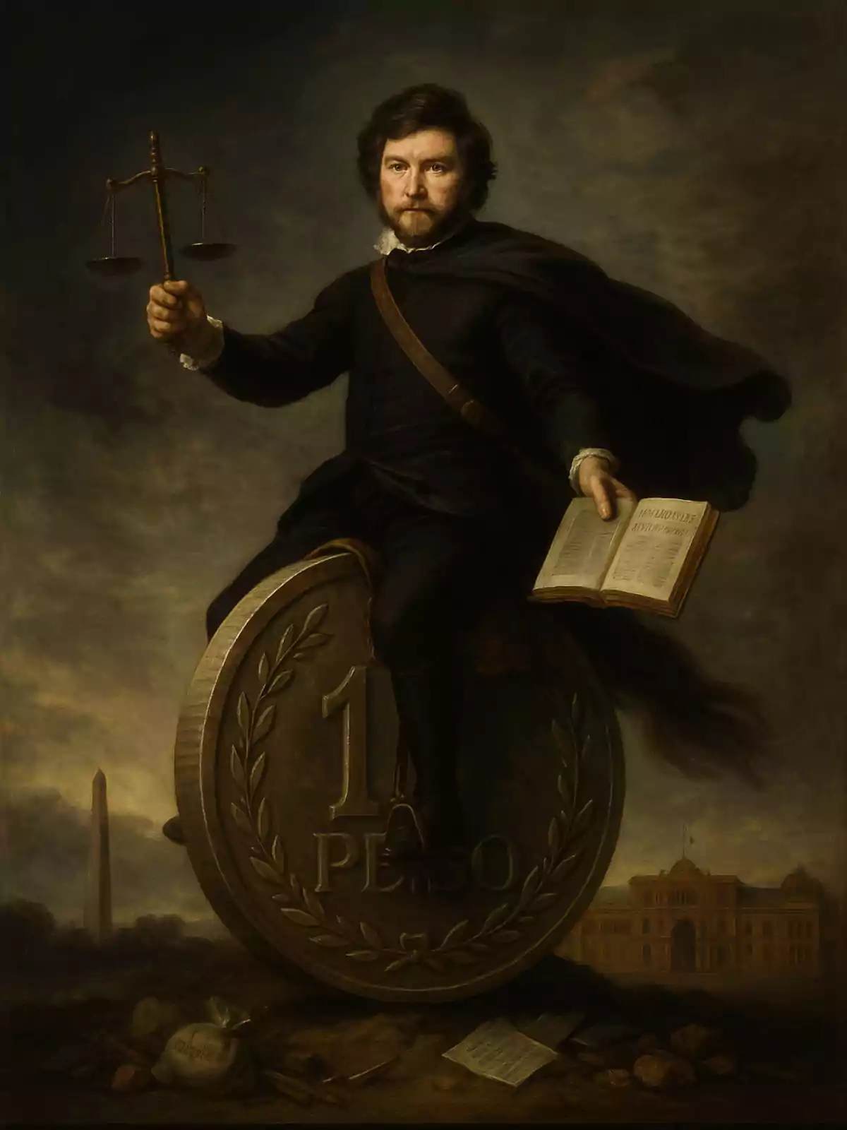 Un hombre vestido de negro sostiene una balanza en una mano y un libro abierto en la otra mientras está sentado sobre una gran moneda de un peso con un edificio y un obelisco al fondo