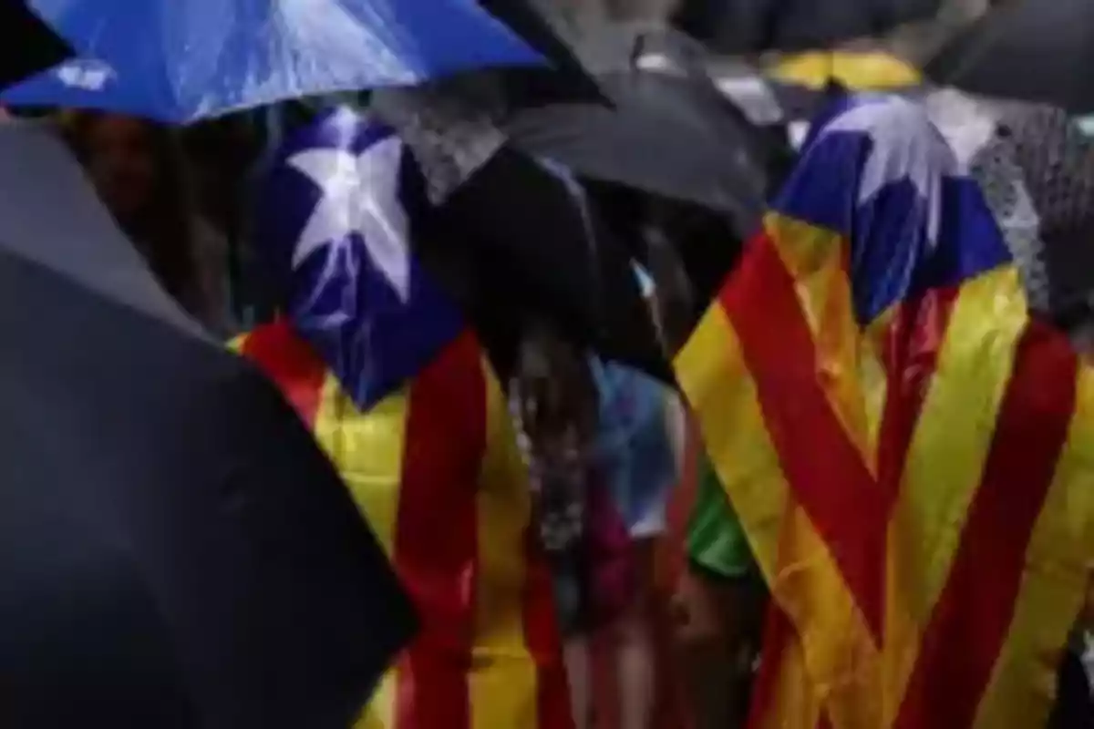 Personas cubiertas con banderas esteladas bajo paraguas en un día lluvioso