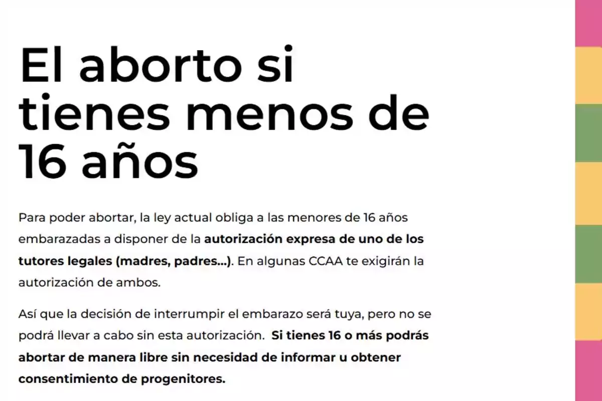 Imagen con información sobre la ley de aborto para menores de 16 años en la que se explica que se requiere autorización de un tutor legal y que a partir de los 16 años se puede abortar sin consentimiento de progenitores