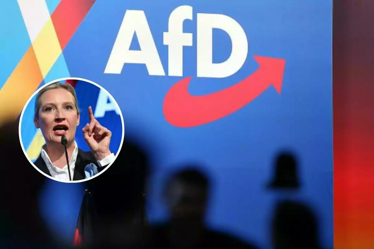 Una mujer hablando en un micrófono aparece en un círculo sobre un fondo azul con el logo de AfD y una flecha roja