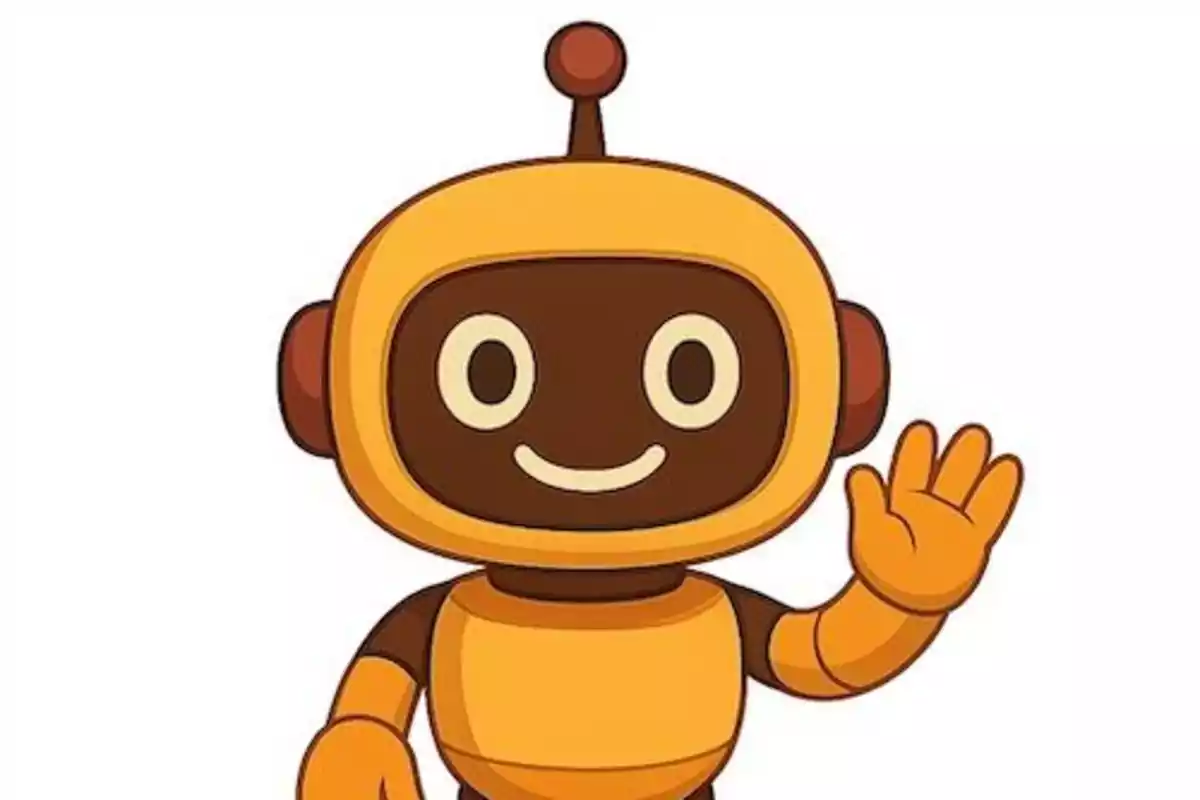 Robot amarillo sonriente saludando con la mano derecha sobre fondo blanco