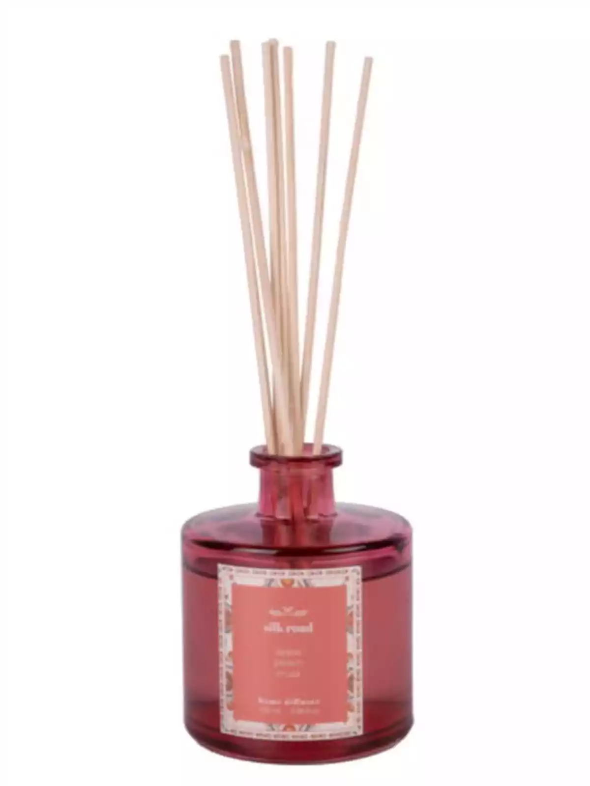 Difusor de aroma en frasco de vidrio color rosa con varillas de madera
