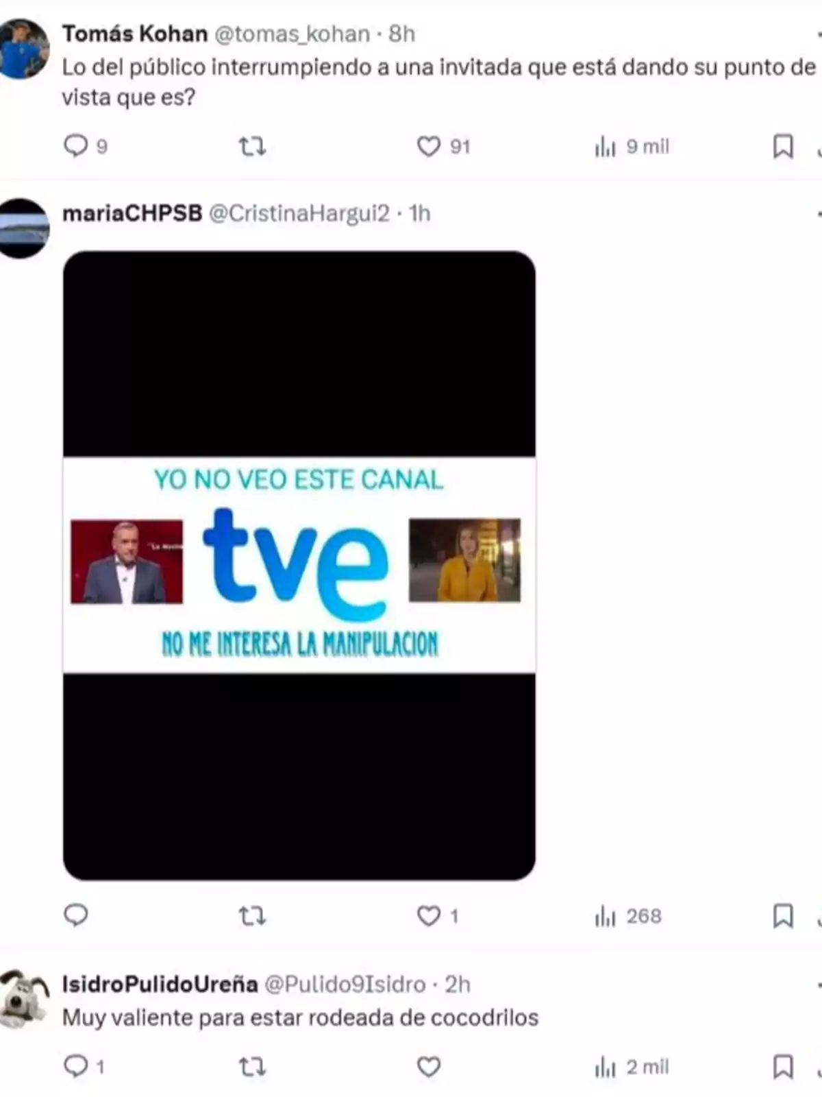 Captura de pantalla de Twitter con tres publicaciones, la primera cuestiona la interrupción del público a una invitada, la segunda muestra una imagen con el logo de tve y un mensaje que rechaza la manipulación, y la tercera elogia la valentía de una persona rodeada de cocodrilos.