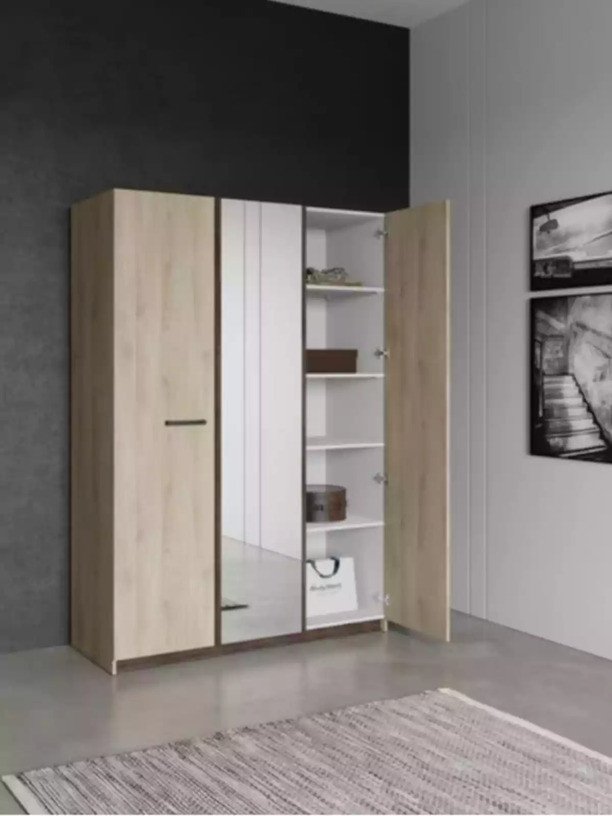 Armario moderno de madera clara con puertas parcialmente abiertas mostrando estantes interiores blancos y objetos decorativos en una habitación minimalista Armario moderno de madera clara con puertas parcialmente abiertas mostrando estantes interiores blancos y objetos decorativos en una habitación minimalista