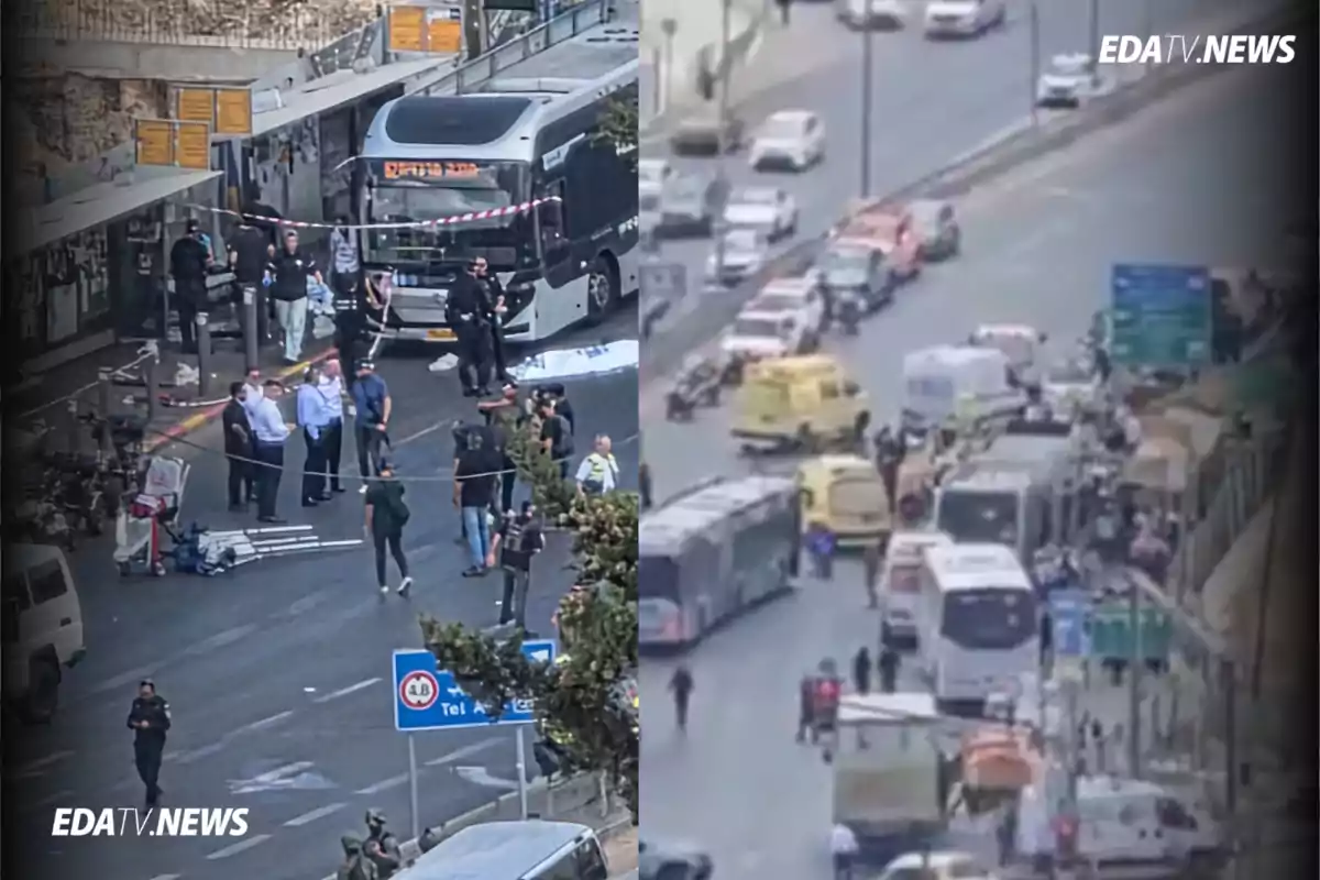 Varias personas y vehículos de emergencia se encuentran en una calle junto a una estación de autobuses donde hay una fuerte presencia policial y ambulancias