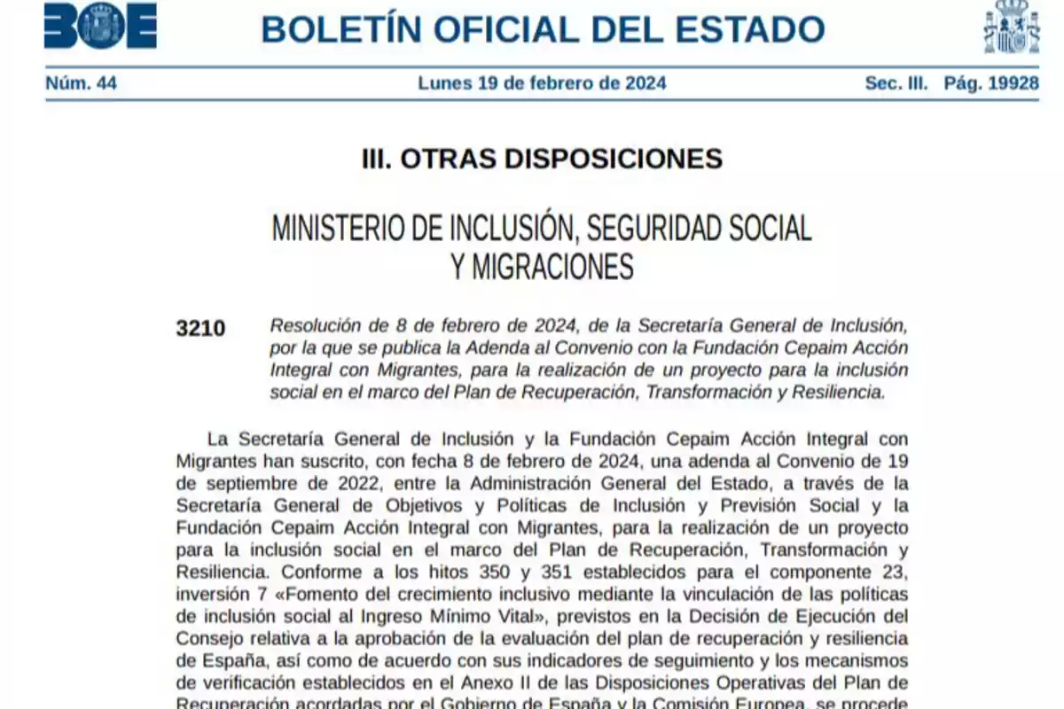 Portada de una página del Boletín Oficial del Estado de España con el encabezado del Ministerio de Inclusión, Seguridad Social y Migraciones y un texto sobre la publicación de una adenda a un convenio para la inclusión social de migrantes