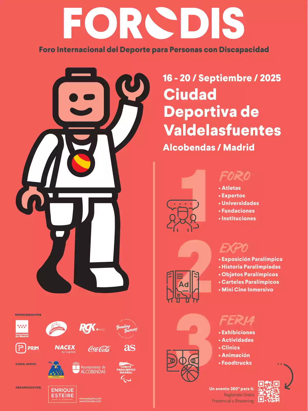 Cartel promocional del Foro Internacional del Deporte para Personas con Discapacidad FORODIS 2025 en la Ciudad Deportiva de Valdelasfuentes en Alcobendas Madrid con la imagen de una figura tipo Lego con prótesis y medalla Cartel promocional del Foro Internacional del Deporte para Personas con Discapacidad FORODIS 2025 en la Ciudad Deportiva de Valdelasfuentes en Alcobendas Madrid con la imagen de una figura tipo Lego con prótesis y medalla