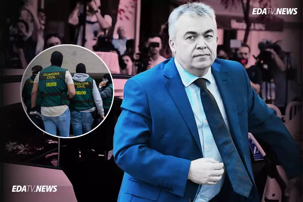 Un hombre de traje azul sale de un coche mientras al fondo hay cámaras y periodistas, en un recuadro aparecen agentes de la Guardia Civil con chalecos verdes