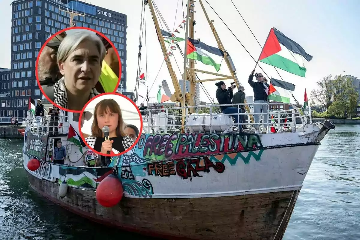 Barco con banderas palestinas y mensajes de apoyo a Palestina y Gaza, con dos retratos de mujeres enmarcados en círculos rojos sobre la imagen