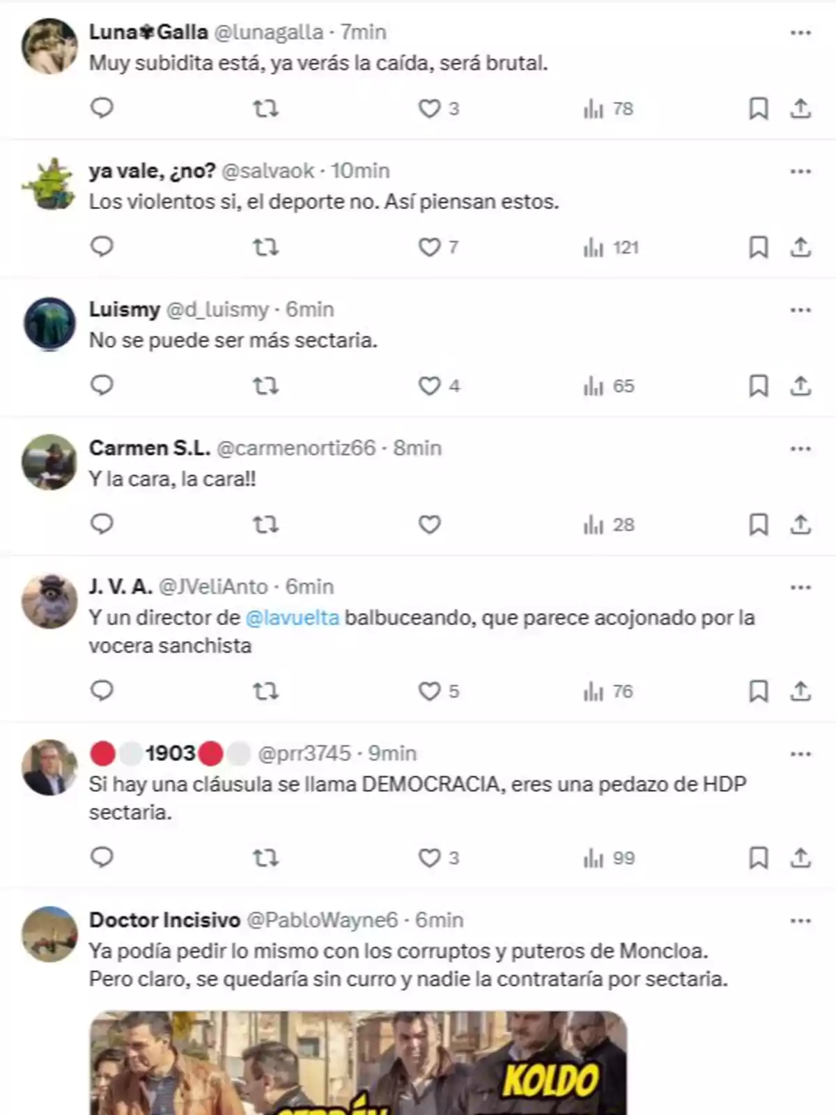 Captura de pantalla de una serie de comentarios en Twitter donde varios usuarios critican de forma negativa y sarcástica a una persona o figura pública, utilizando términos como sectaria, subida, y haciendo referencias a la política y la democracia Captura de pantalla de una serie de comentarios en Twitter donde varios usuarios critican de forma negativa y sarcástica a una persona o figura pública, utilizando términos como sectaria, subida, y haciendo referencias a la política y la democracia