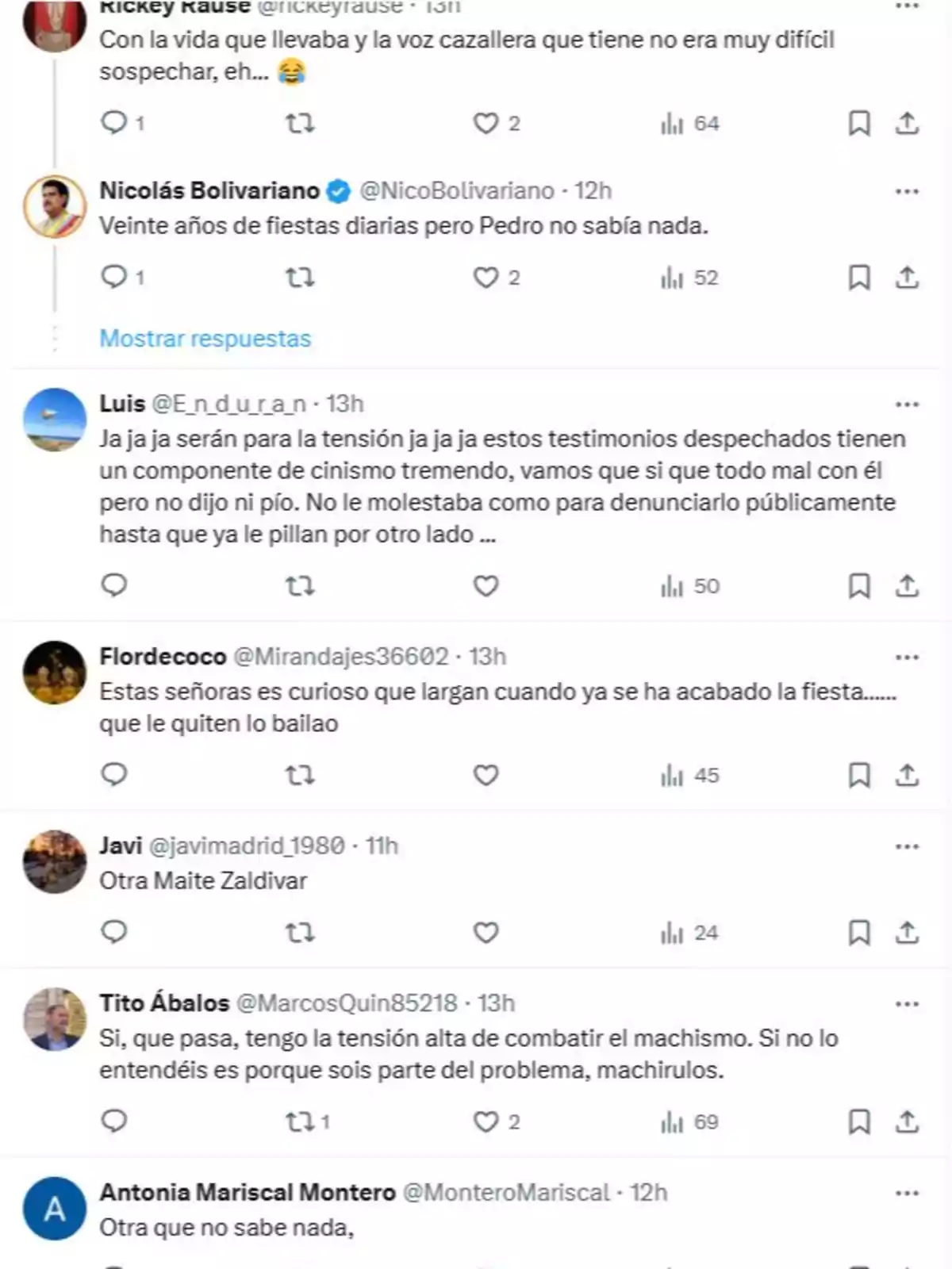 Captura de pantalla de una serie de comentarios en Twitter donde varios usuarios opinan de forma sarcástica y crítica sobre una persona llamada Pedro y su desconocimiento respecto a fiestas y situaciones polémicas. Captura de pantalla de una serie de comentarios en Twitter donde varios usuarios opinan de forma sarcástica y crítica sobre una persona llamada Pedro y su desconocimiento respecto a fiestas y situaciones polémicas.
