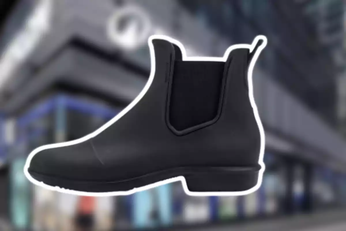 Bota negra tipo chelsea con elástico lateral sobre un fondo urbano desenfocado