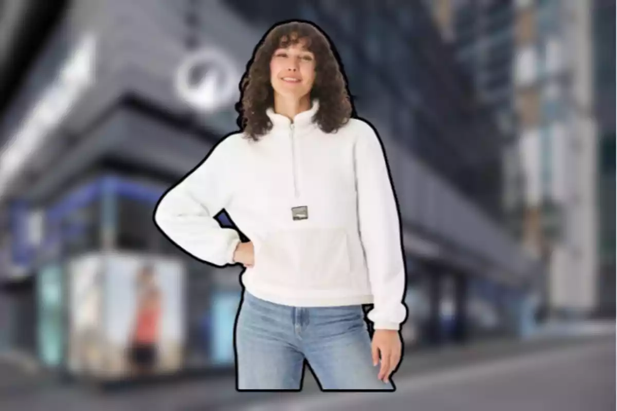 Mujer joven con cabello rizado usando un suéter blanco y jeans de mezclilla posando frente a un edificio urbano desenfocado