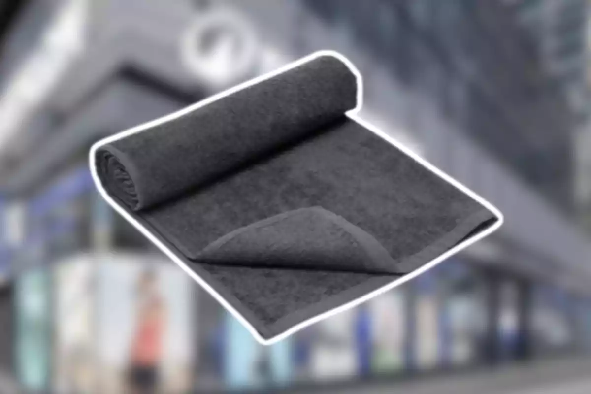 Toalla gris enrollada sobre un fondo borroso de una tienda Toalla gris enrollada sobre un fondo borroso de una tienda