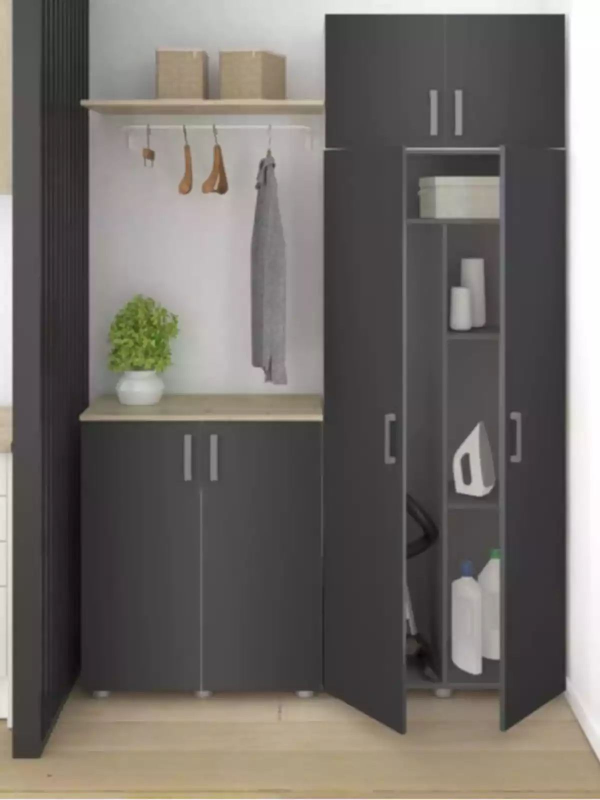 Mueble organizador de color gris con puertas abiertas mostrando estantes con artículos de limpieza, plancha y cajas, junto a una repisa con ganchos, perchas, una prenda colgada, dos cajas y una planta decorativa Mueble organizador de color gris con puertas abiertas mostrando estantes con artículos de limpieza, plancha y cajas, junto a una repisa con ganchos, perchas, una prenda colgada, dos cajas y una planta decorativa