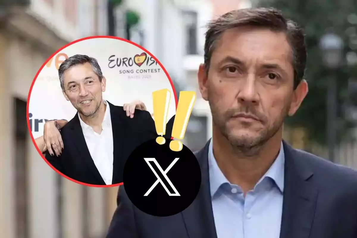 Hombre de cabello corto y canoso con expresión seria en primer plano, al fondo un círculo rojo muestra una foto suya sonriendo en un evento de Eurovisión junto a una persona, sobrepuesto un icono negro con una X blanca y signos de exclamación amarillos