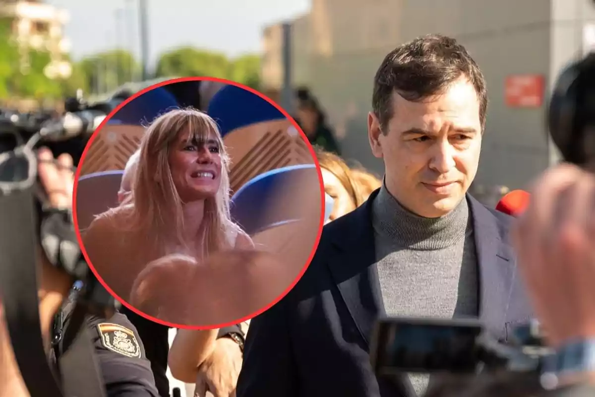 Un hombre con expresión seria camina entre periodistas mientras una imagen circular muestra a una mujer rubia con gesto emocionado en un auditorio