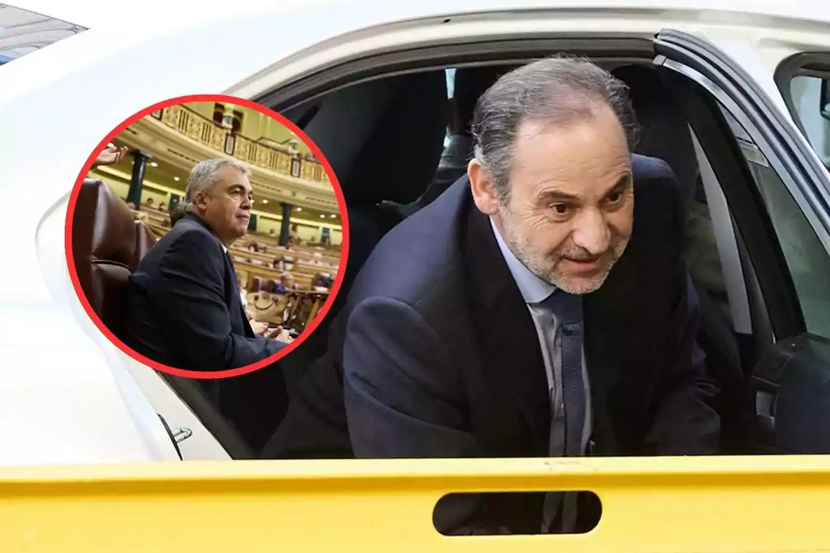 Un hombre de traje sale de un coche mientras en un círculo se muestra a otro hombre sentado en un escaño de un parlamento