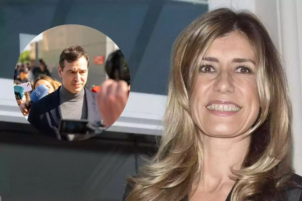 Una mujer sonriente de cabello rubio oscuro en primer plano y un hombre con micrófonos a su alrededor en un círculo superpuesto en la esquina izquierda de la imagen.
