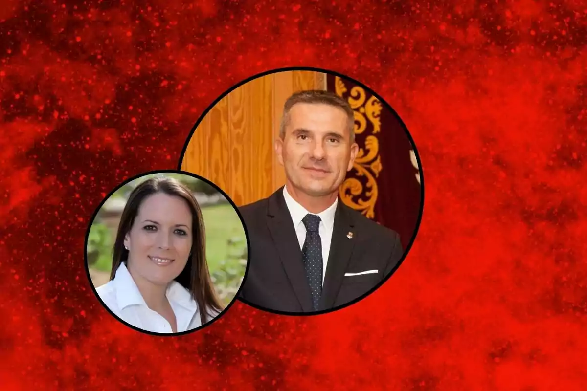 Dos retratos formales de un hombre con traje y una mujer con camisa blanca, ambos enmarcados en círculos sobre un fondo rojo texturizado