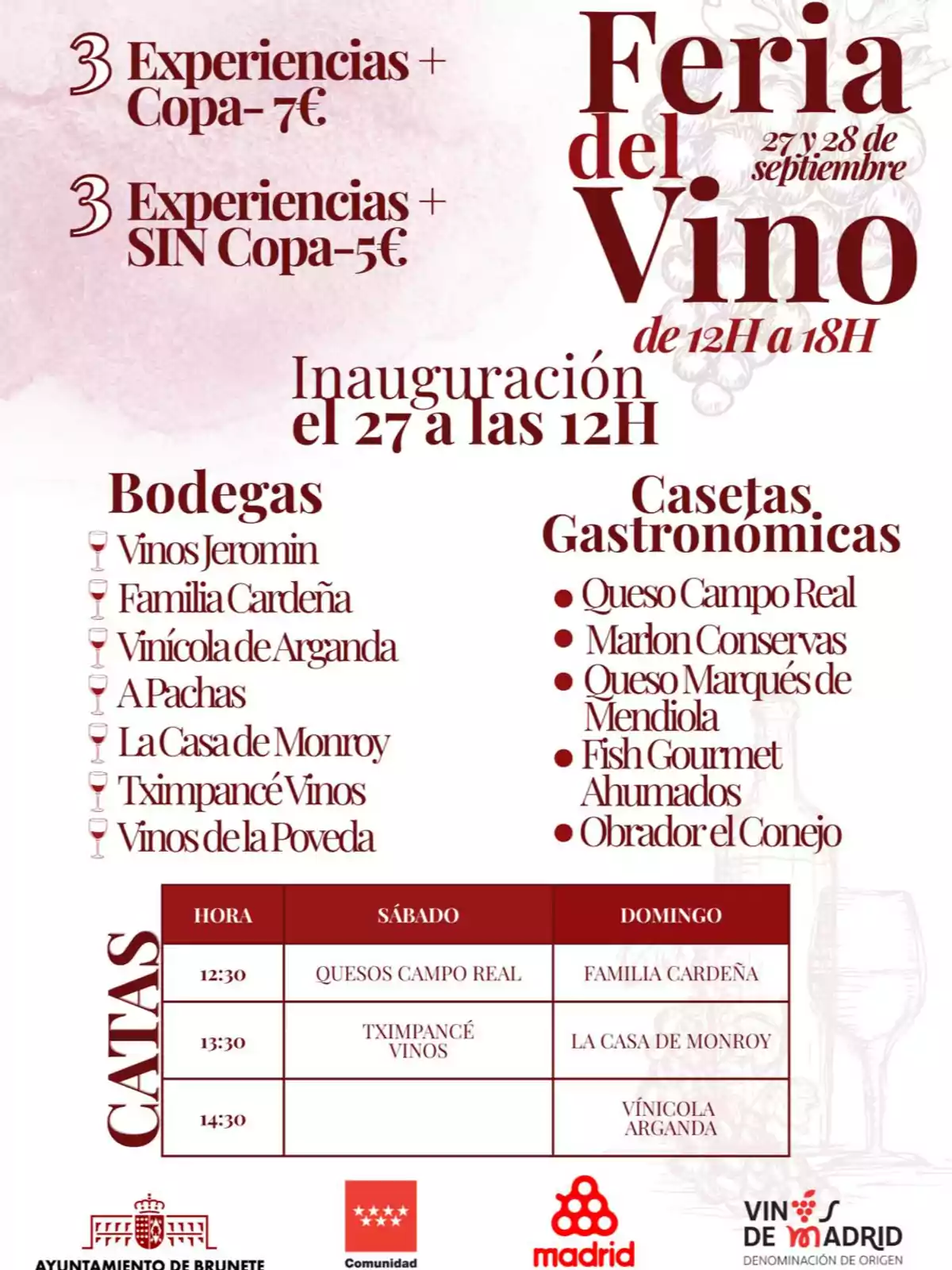 Cartel promocional de la Feria del Vino que se celebra el 27 y 28 de septiembre de 12 a 18 horas, con información sobre precios de experiencias con y sin copa, listado de bodegas participantes, casetas gastronómicas y horarios de catas, junto a los logotipos del Ayuntamiento de Brunete, Comunidad de Madrid y Vinos de Madrid.