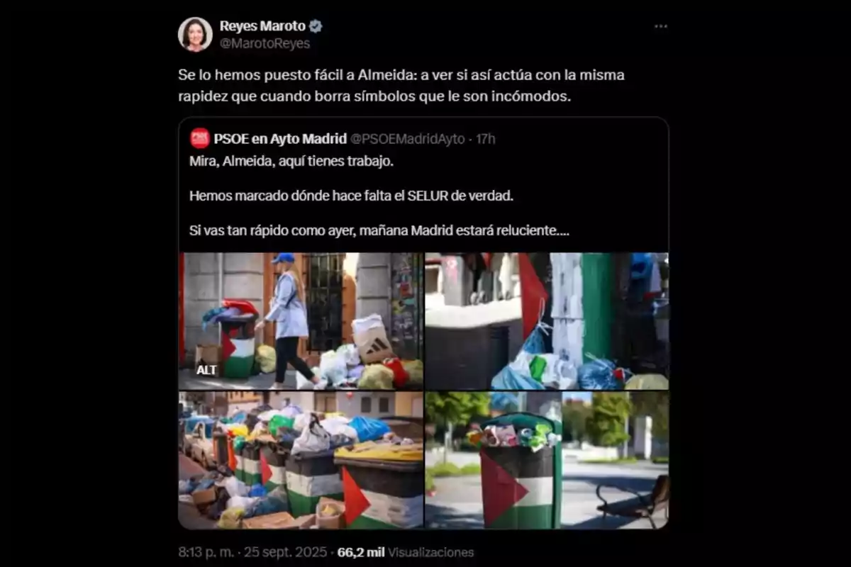 Contenedores de basura en la calle llenos de bolsas y residuos, algunos con la bandera de Palestina pintada, mientras una persona pasa caminando. Contenedores de basura en la calle llenos de bolsas y residuos, algunos con la bandera de Palestina pintada, mientras una persona pasa caminando.