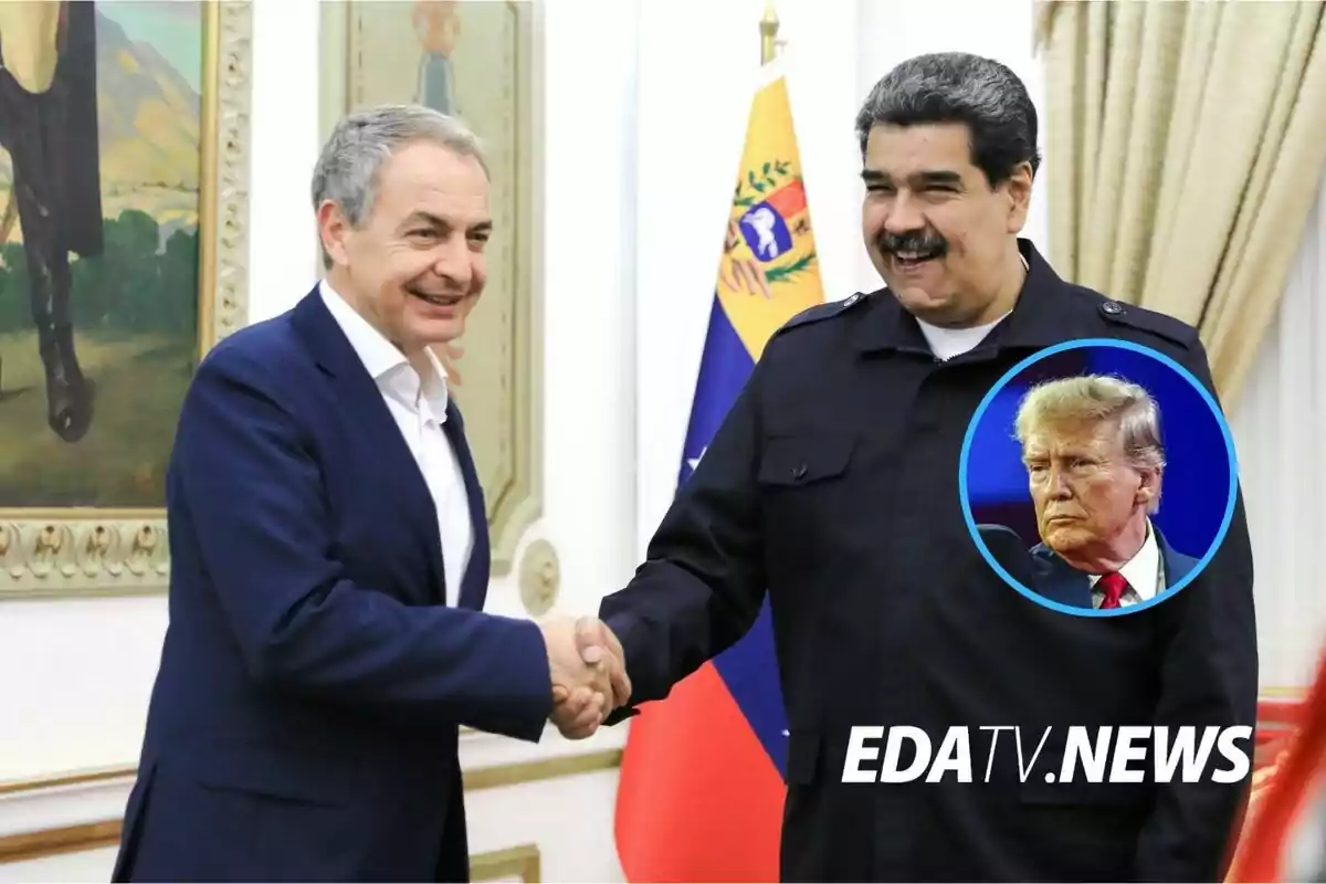 Dos hombres se dan la mano y sonríen en una sala con banderas y cuadros, en la esquina inferior derecha aparece un círculo con el rostro de un hombre de cabello rubio y expresión seria junto al texto EDATV NEWS