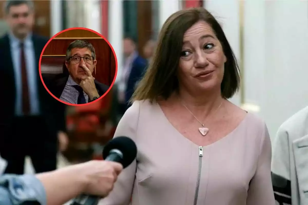 Una mujer con expresión de escepticismo responde a una entrevista mientras en un círculo rojo aparece el rostro pensativo de un hombre mayor con gafas.