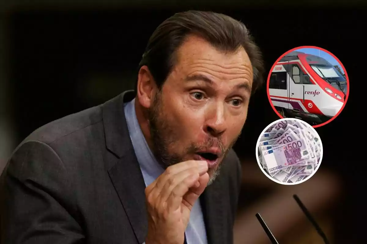 Hombre con expresión seria hablando y gesticulando, con imágenes superpuestas de un tren de Renfe y billetes de euro.
