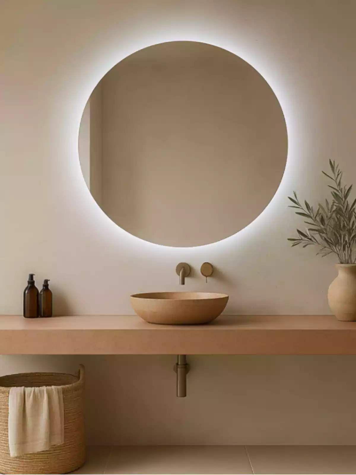 Baño minimalista con espejo redondo iluminado, lavabo de piedra, dispensadores oscuros, cesta de mimbre y jarrón con ramas decorativas