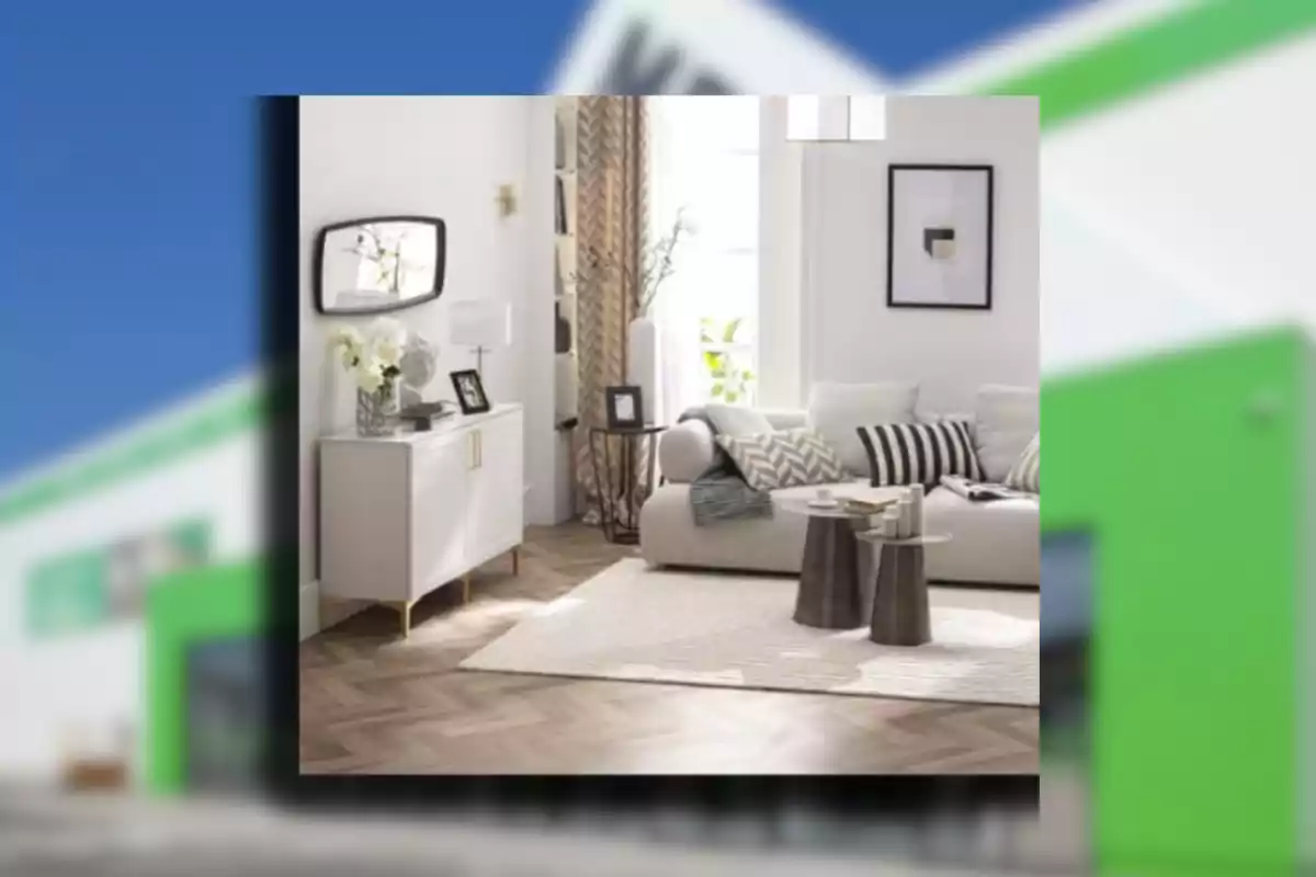 Sala moderna con sofá claro, cojines decorativos, alfombra beige, mesas de centro metálicas y muebles blancos con detalles dorados Sala moderna con sofá claro, cojines decorativos, alfombra beige, mesas de centro metálicas y muebles blancos con detalles dorados