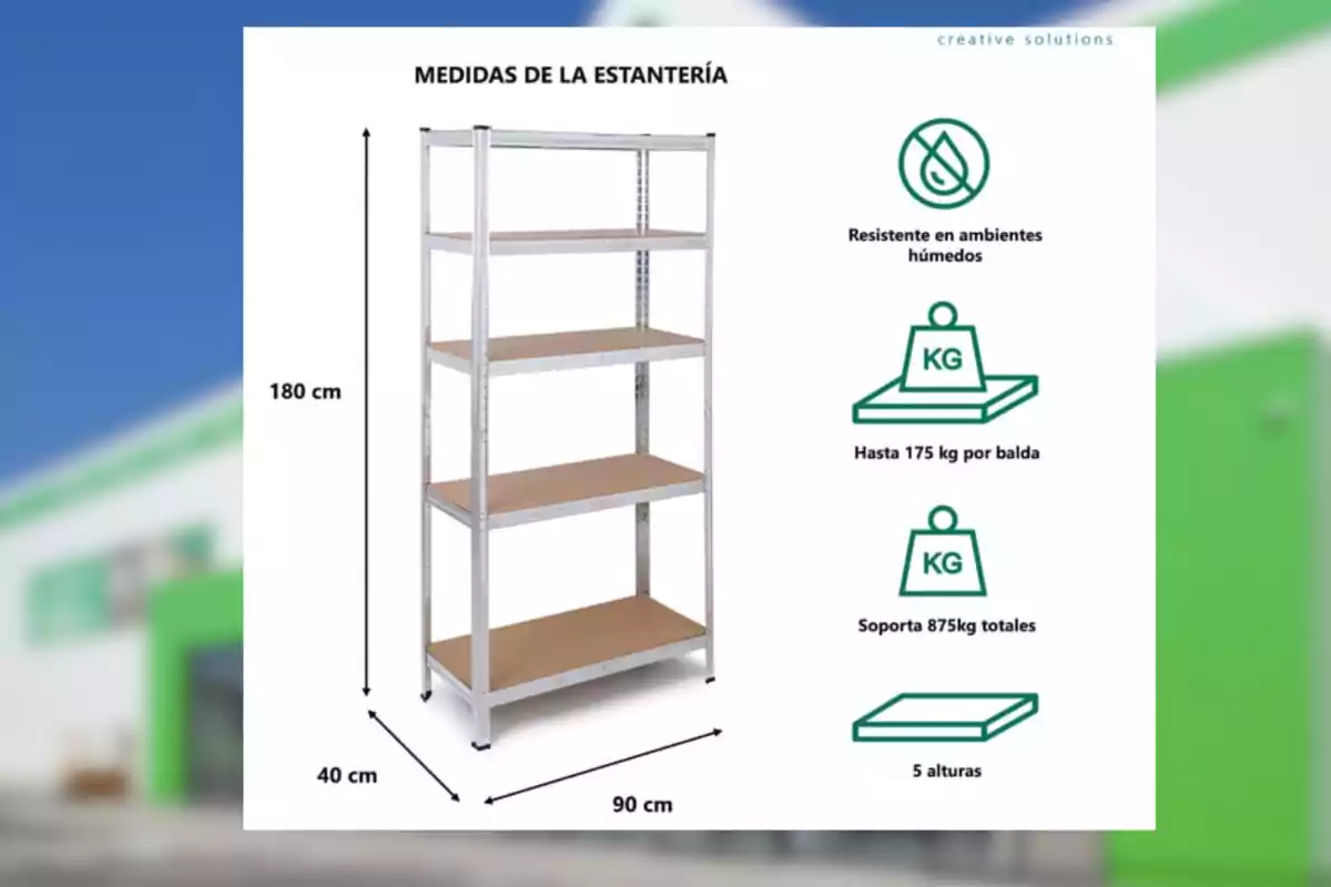 Estantería metálica de cinco niveles con repisas de madera, medidas de 180 cm de alto, 90 cm de ancho y 40 cm de fondo, resistente a ambientes húmedos, soporta hasta 175 kg por balda y un total de 875 kg