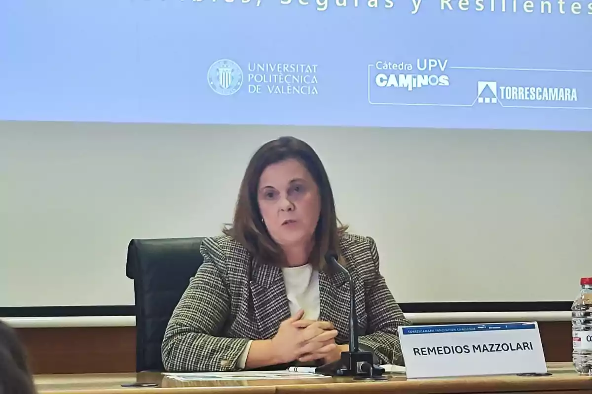 Mujer sentada en una mesa de conferencias hablando frente a un micrófono con un cartel que indica el nombre Remedios Mazzolari y un fondo con logotipos de la Universitat Politècnica de València y la Cátedra UPV Caminos Mujer sentada en una mesa de conferencias hablando frente a un micrófono con un cartel que indica el nombre Remedios Mazzolari y un fondo con logotipos de la Universitat Politècnica de València y la Cátedra UPV Caminos