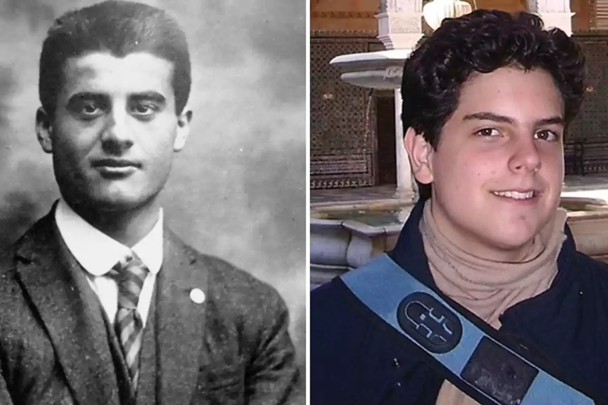 Dos retratos de hombres jóvenes uno en blanco y negro con vestimenta formal y otro en color con bufanda y fondo de una fuente