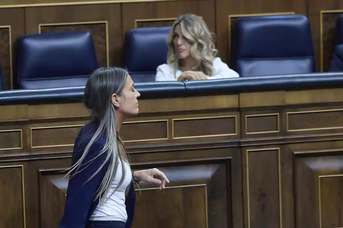 Mujer de cabello largo camina frente a otra mujer sentada en un escaño de un parlamento Mujer de cabello largo camina frente a otra mujer sentada en un escaño de un parlamento