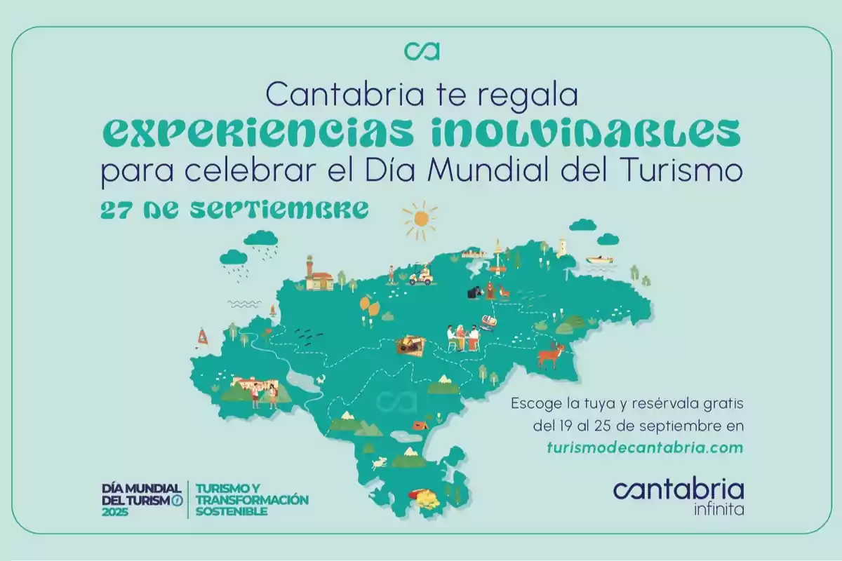 Promoción de experiencias turísticas gratuitas en Cantabria por el Día Mundial del Turismo con ilustración del mapa de la región y actividades turísticas