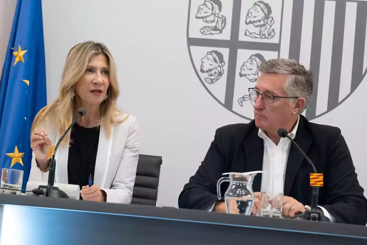 Dos personas sentadas en una mesa de conferencia con micrófonos frente a un fondo institucional y una bandera de la Unión Europea