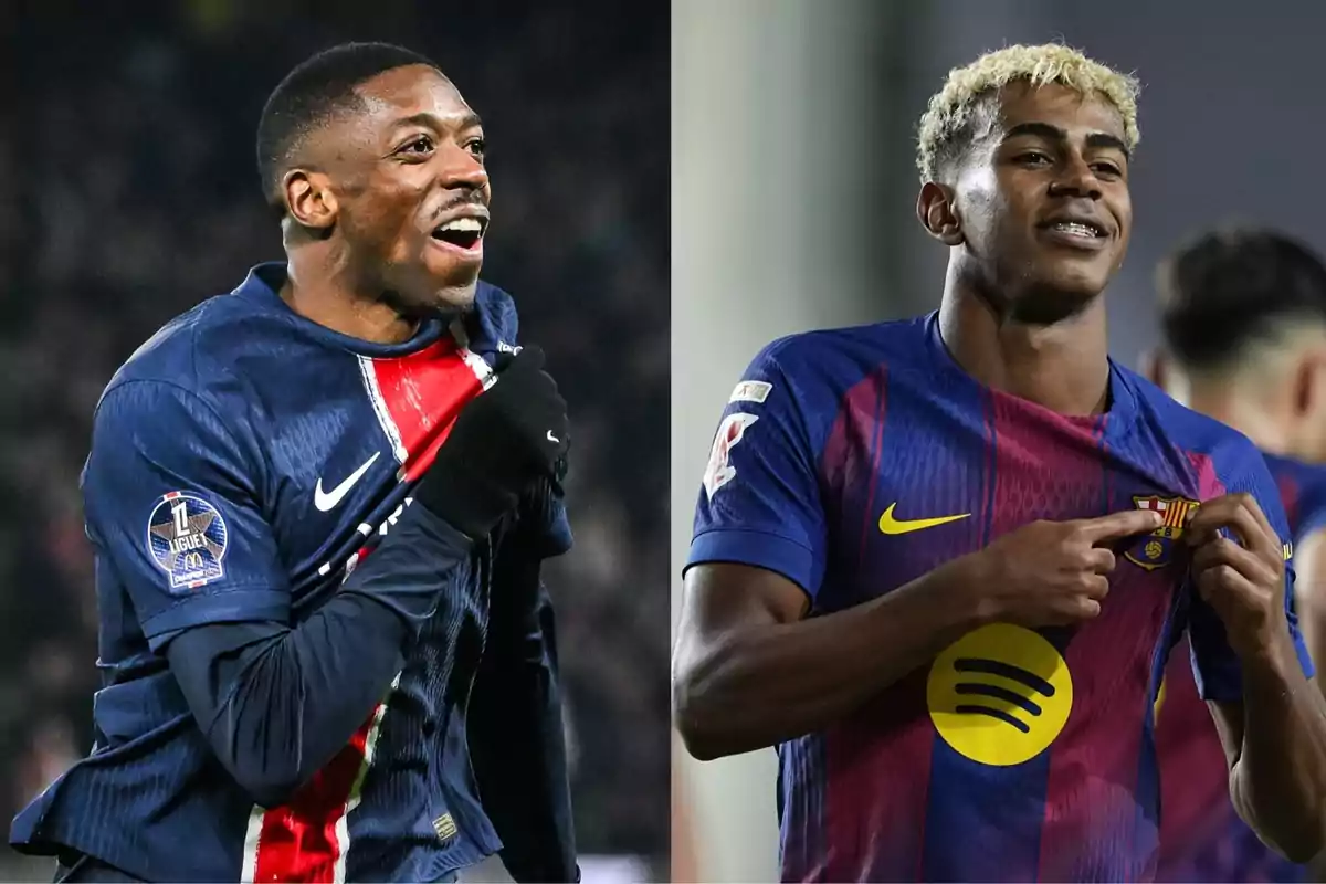 Dos futbolistas celebrando con las camisetas de PSG y Barcelona