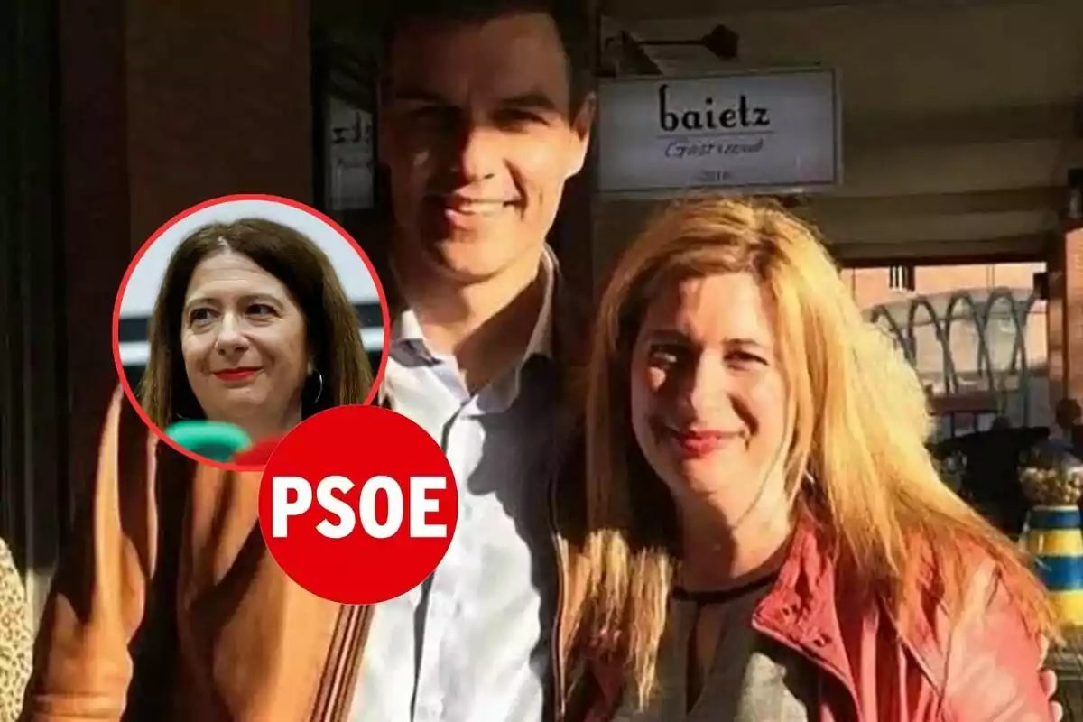 Dos personas posan sonrientes al aire libre mientras en la esquina izquierda aparece un círculo con el rostro de una mujer y el logo del PSOE.