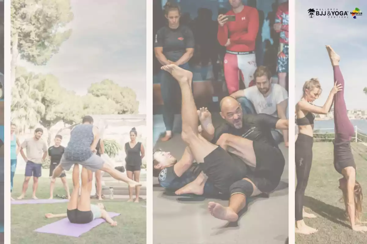 Personas practicando acroyoga al aire libre, una clase de jiu-jitsu con espectadores y una instructora ayudando a una mujer a hacer una parada de manos en un parque