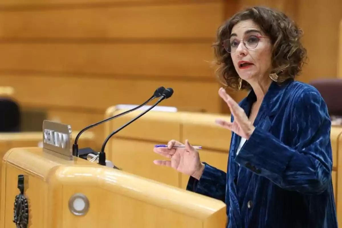 Mujer de cabello rizado y gafas hablando en un podio en un recinto parlamentario Mujer de cabello rizado y gafas hablando en un podio en un recinto parlamentario