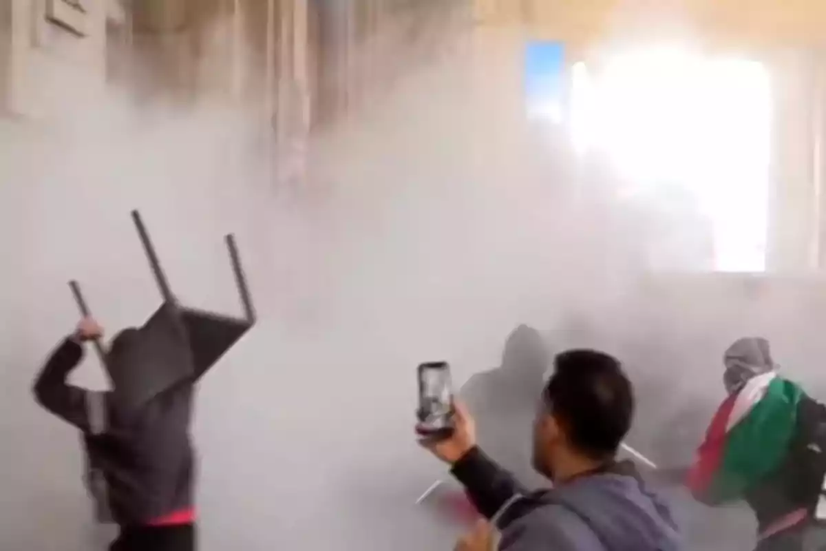 Personas en medio de una nube de humo, una de ellas sostiene una silla sobre la cabeza y otra graba la escena con su celular Personas en medio de una nube de humo, una de ellas sostiene una silla sobre la cabeza y otra graba la escena con su celular