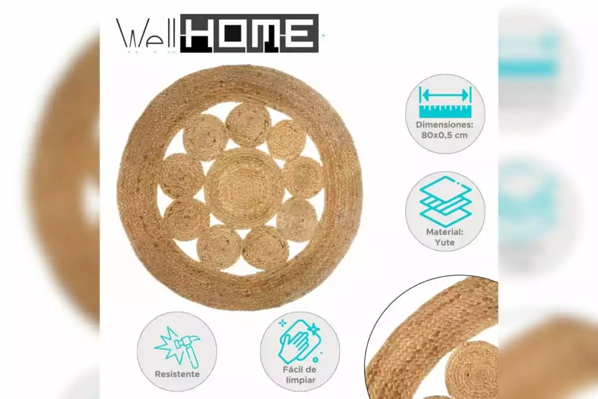 Tapete redondo de yute con diseño de círculos, resistente y fácil de limpiar, ideal para el hogar que se vende en Leroy Merlin.
