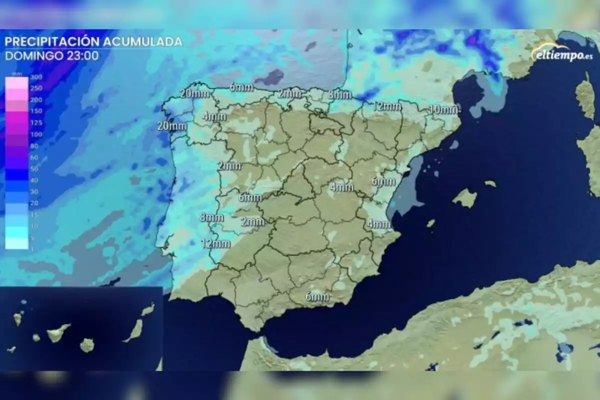 Mapa de España y Portugal mostrando la precipitación acumulada en milímetros para el domingo, 7 de septiembre, a las 23 horas con diferentes tonalidades de azul indicando la cantidad de lluvia esperada en distintas regiones. Mapa de España y Portugal mostrando la precipitación acumulada en milímetros para el domingo, 7 de septiembre, a las 23 horas con diferentes tonalidades de azul indicando la cantidad de lluvia esperada en distintas regiones.