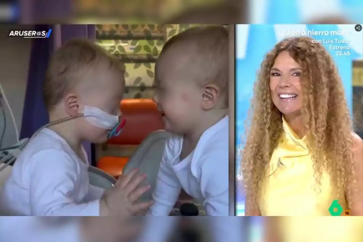 Dos bebés pequeños se miran y sonríen, uno de ellos lleva una sonda nasal, junto a la imagen de una mujer de cabello rizado y largo que sonríe en un programa de televisión. Dos bebés pequeños se miran y sonríen, uno de ellos lleva una sonda nasal, junto a la imagen de una mujer de cabello rizado y largo que sonríe en un programa de televisión.